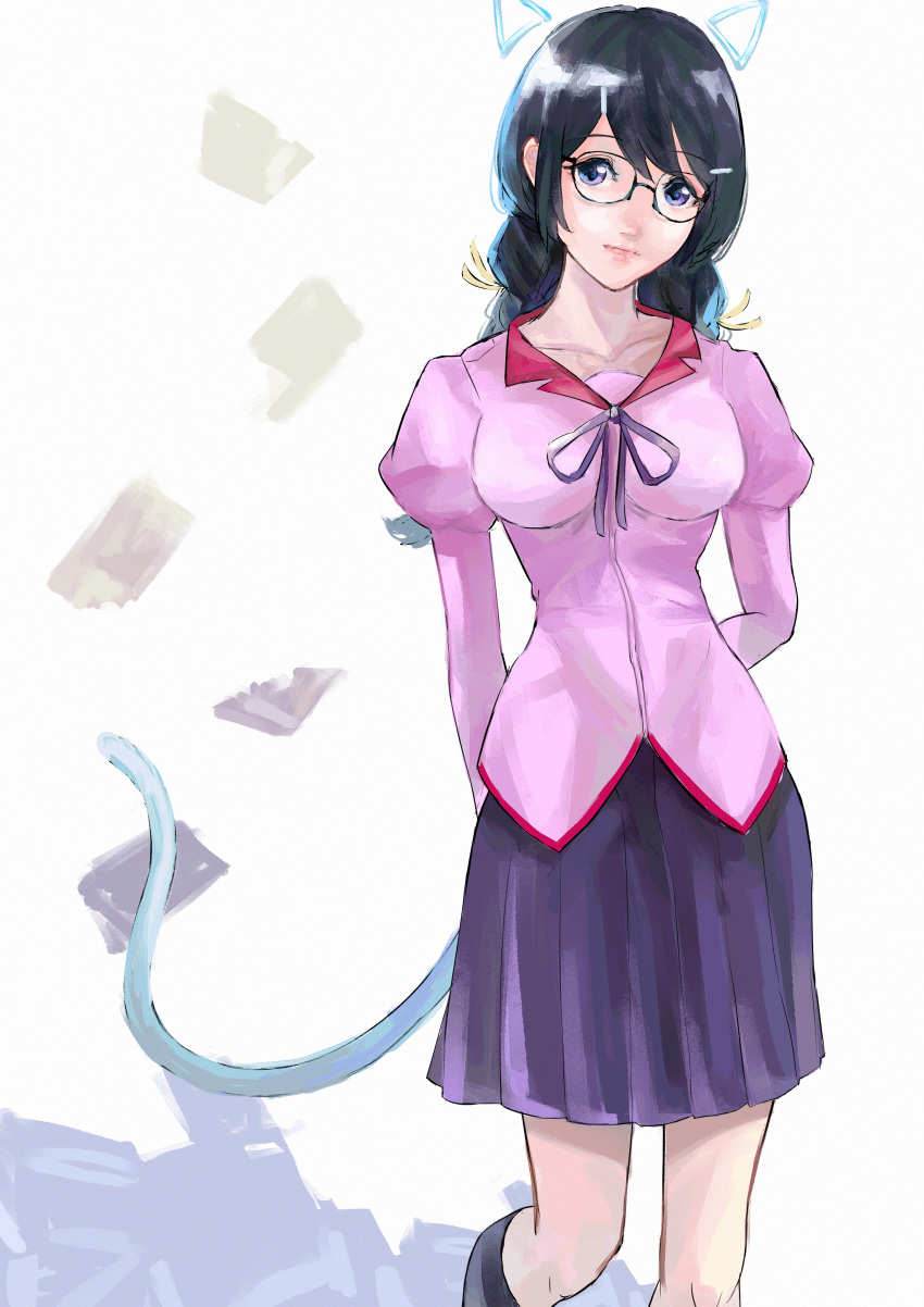 1girl absurdres animal_ears arms_behind_back black_hair black_socks book braid breasts cat_ears cat_girl cat_tail closed_mouth collarbone commentary expressionless fake_animal_ears feet_out_of_frame glasses hanekawa_tsubasa highres juliet_sleeves kneehighs large_breasts lips long_hair long_sleeves looking_at_viewer monogatari_(series) naoetsu_high_school_uniform neck_ribbon pile_of_books pink_shirt pleated_skirt puffy_sleeves purple_ribbon purple_skirt ribbon school_uniform shirt simple_background skirt socks solo tail takamiya2222 twin_braids violet_eyes white_background