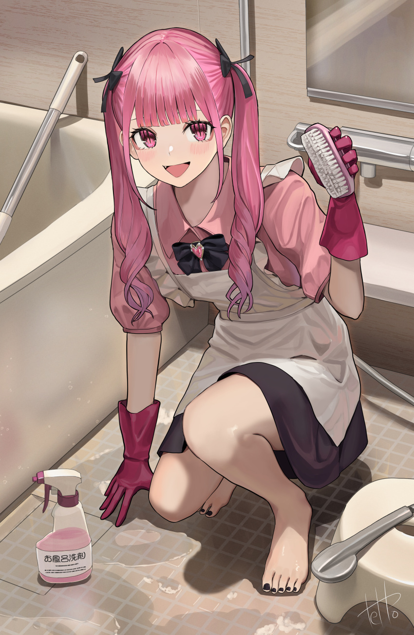 1girl :d absurdres apron barefoot bath_stool bathroom bathtub black_bow blunt_bangs bow cleaning_brush commentary_request fang gloves hair_bow highres hinamizawa_hinami holding holding_brush indoors long_hair looking_at_viewer maid_apron mirror open_mouth original pink_eyes pink_hair pink_skirt purple_gloves short_sleeves skirt smile solo stool tetto_(onnoveltet) toenails twintails