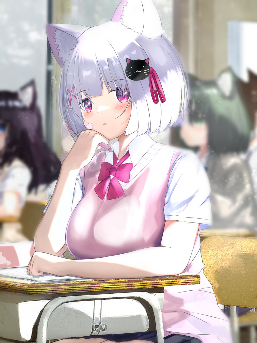 4girls animal_ear_fluff animal_ears ashitaba_kemo bandaid bandaid_on_cheek bandaid_on_face black_hair blue_eyes blurry blurry_background blush bow breasts cat_ears cat_hair_ornament chair collared_shirt commentary_request depth_of_field desk green_eyes green_hair grey_hair hair_ornament hair_ribbon hairclip highres indoors medium_breasts multiple_girls on_chair original parted_lips pencil_case pink_ribbon purple_bow ribbon school_chair school_desk school_uniform shirt short_sleeves solo_focus sweater_vest violet_eyes white_shirt x_hair_ornament