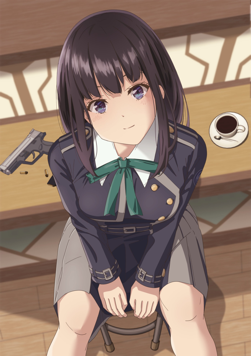 1girl absurdres aqua_ribbon belt black_hair blue_belt blue_dress blush breasts cartridge closed_mouth coffee_cup collared_shirt commentary_request cup dated_commentary disposable_cup dress grey_dress gun handgun highres indoors inoue_takina long_hair long_sleeves looking_at_viewer lycoris_recoil lycoris_uniform magazine_(weapon) matebashi neck_ribbon partial_commentary pleated_dress ribbon shadow shirt sidelocks sitting small_breasts smile solo two-tone_dress violet_eyes weapon weapon_request white_shirt