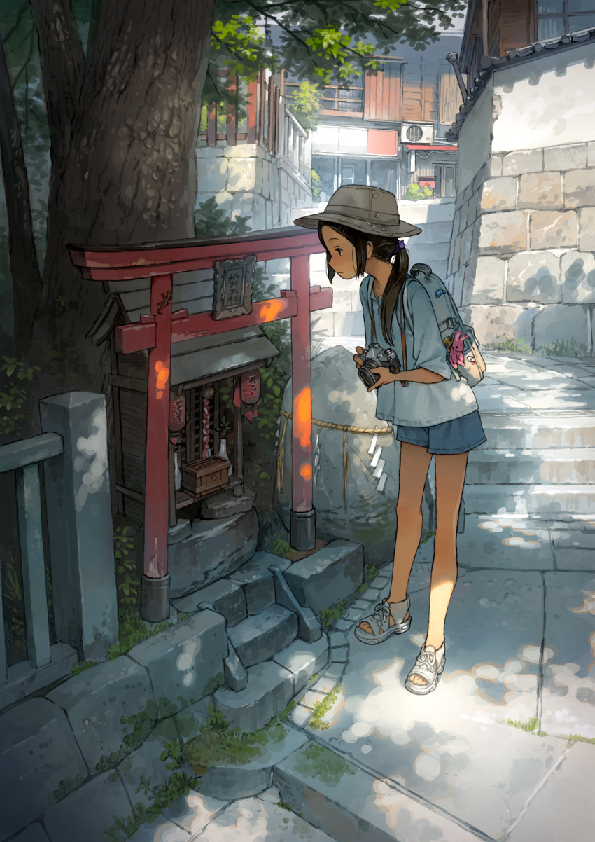 1girl absurdres architecture backpack bag bag_charm bare_legs black_eyes black_hair blue_bag blue_shorts braid camera charm_(object) closed_mouth day east_asian_architecture expressionless full_body hat highres holding holding_camera lantern low_twin_braids original outdoors paper_lantern profile sandals scenery shade shirt short_shorts shorts shrine sidelocks sleeves_past_elbows solo stairs standing torii twin_braids white_footwear white_headwear white_shirt yoshida_seiji
