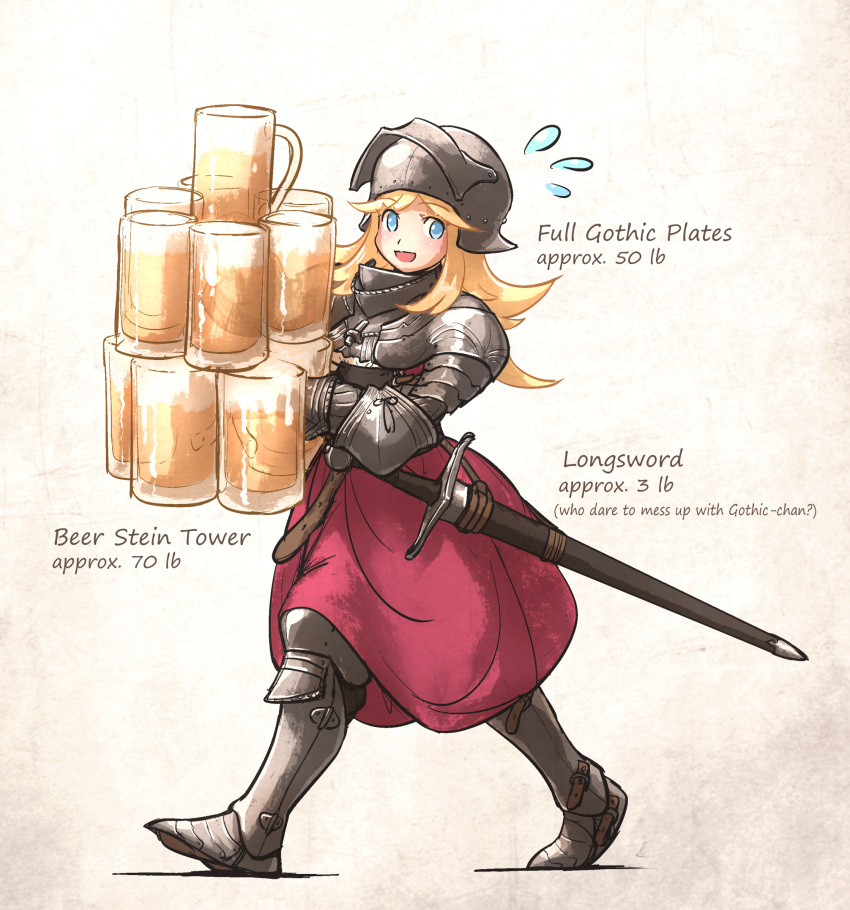 1girl armor armored_boots beer_mug blonde_hair blue_eyes boots breastplate cup drinking_glass flying_sweatdrops full_armor gauntlets gothic-chan_(ironlily) greaves helmet highres holding ironlily knight long_hair mug open_mouth original pauldrons plate_armor sheath sheathed shoulder_armor solo sword visor_(armor) weapon