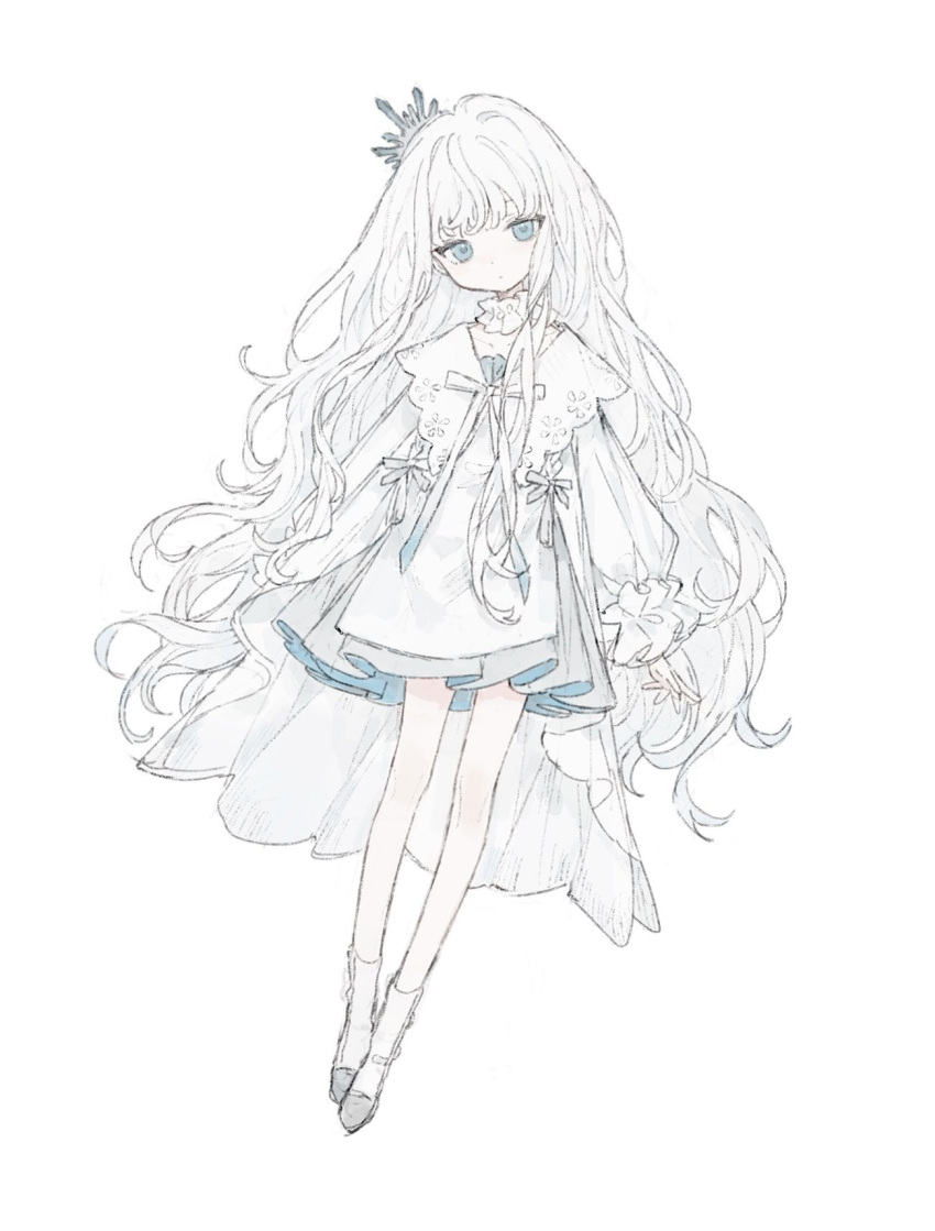 1girl arms_at_sides boots cape choker closed_mouth crown dress frilled_choker frilled_sleeves frills full_body highres koirariko long_hair long_sleeves original puffy_long_sleeves puffy_sleeves ribbon simple_background solo very_long_hair white_background white_cape white_choker white_dress white_footwear white_hair white_ribbon