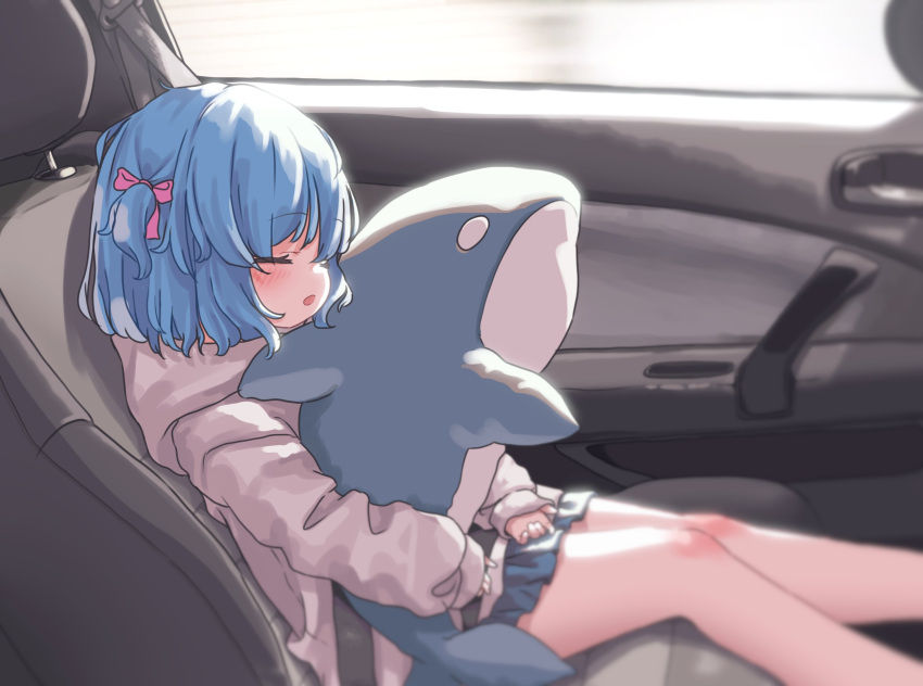 1girl aoi_tori blue_hair blue_skirt blurry blurry_background blush bow car_interior closed_eyes depth_of_field feet_out_of_frame from_side hair_bow highres hood hood_down hoodie long_sleeves object_hug one_side_up original parted_lips pink_bow pleated_skirt puffy_long_sleeves puffy_sleeves seatbelt skirt sleeping sleeves_past_wrists solo stuffed_animal stuffed_dolphin stuffed_toy teru-chan_(aoi_tori) white_hoodie