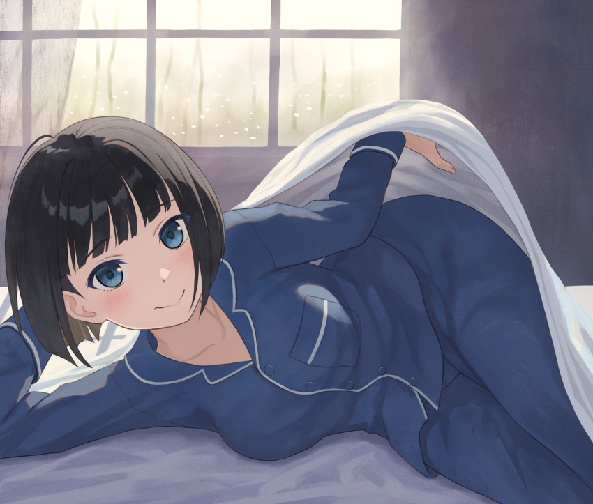 1girl bed bent_over black_hair blanket blue_eyes blue_pajamas blue_pants blue_shirt blunt_bangs blunt_ends blush bob_cut botan_m breasts closed_mouth collarbone condensation head_rest holding holding_blanket indoors large_breasts long_sleeves looking_at_viewer lying on_bed on_side original paid_reward_available pajamas pants shirt short_hair smile solo tree under_covers water_drop window