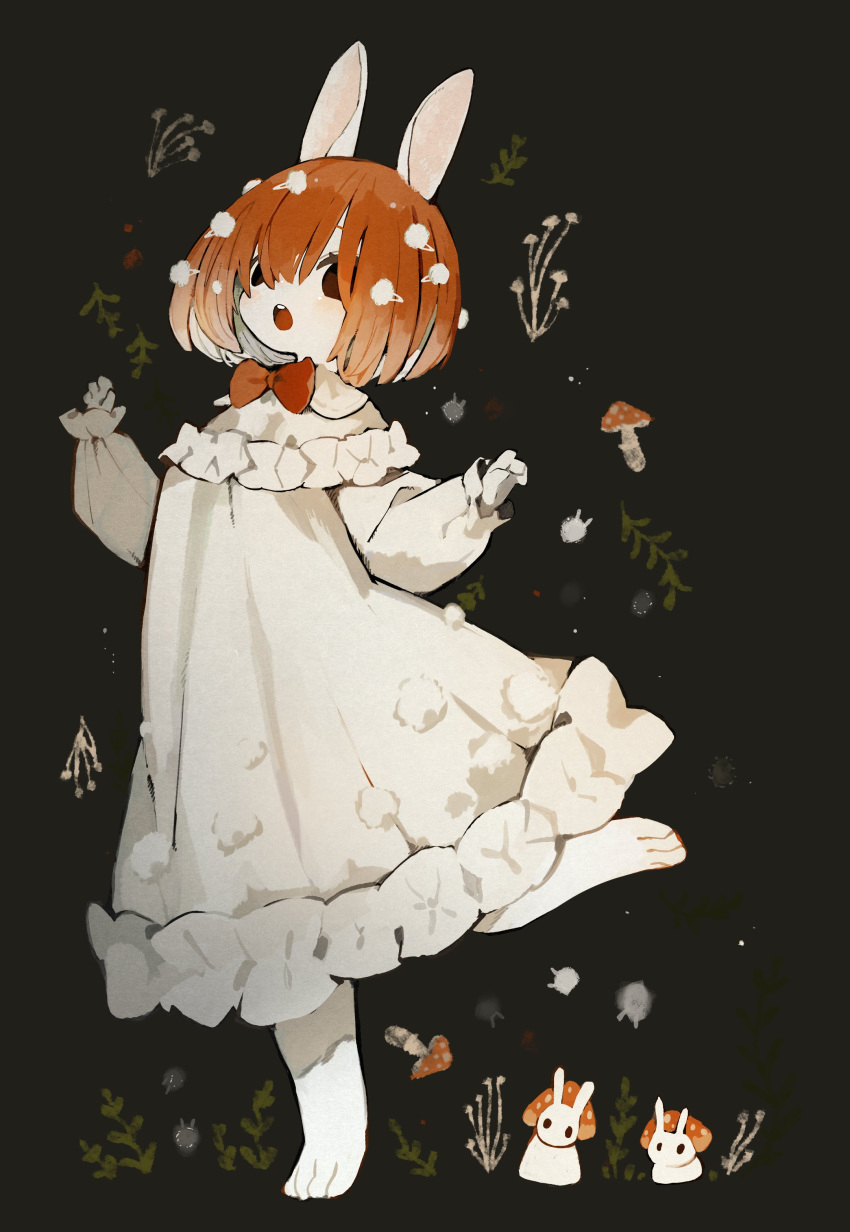 1girl absurdres animal-themed_food animal_ears black_background black_eyes bow commentary_request cotton_ball dress frilled_dress frills hands_up highres leg_up long_sleeves medium_hair mushroom open_mouth original personification plant rabbit rabbit_ears rabbit_girl red_bow redhead sakutake_(ue3sayu) solo white_dress