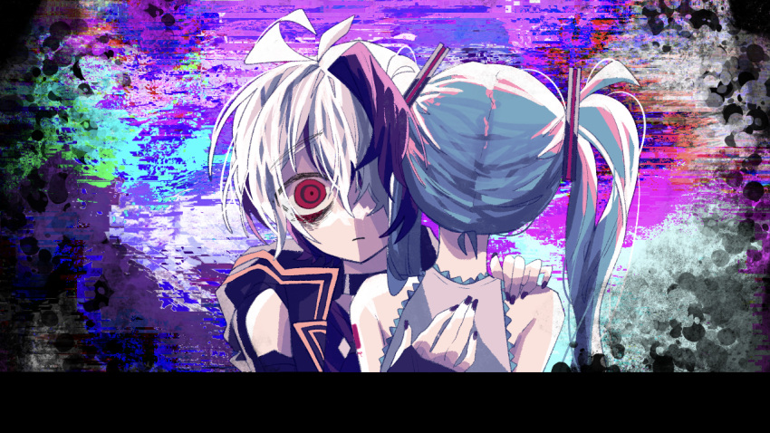 2girls abstract_background ahoge alternate_eye_color androgynous bags_under_eyes black_choker black_jacket blue_hair choker closed_mouth commentary_request elbow_gloves facing_away fingerless_gloves flower_(vocaloid) flower_(vocaloid4) glitch gloves gold_trim hair_ornament hair_over_one_eye hand_on_another's_back hand_on_another's_shoulder hatsune_miku head_tilt hood hood_down hooded_jacket hug jacket light_frown long_hair looking_at_viewer multicolored_background multicolored_hair multiple_girls nape one_eye_covered open_clothes open_jacket purple_hair purple_nails purple_shirt raised_eyebrows red_eyes ringed_eyes shirt short_hair shoulder_tattoo sleeveless sleeveless_jacket straight-on streaked_hair tattoo twintails upper_body vocaloid white_hair wide-eyed zer0h