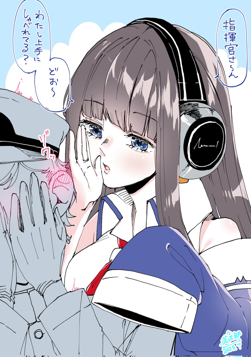 1boy 1girl azur_lane bare_shoulders black_hair blue_eyes blunt_bangs blush collared_shirt commander_(azur_lane) commentary_request dated ear_blush embarrassed hands_on_own_face headphones highres lips long_hair long_island_(azur_lane) long_sleeves mikuri_kamazirou military_uniform necktie official_alternate_costume parted_lips red_necktie retrofit_(azur_lane) shirt sidelocks signature simple_background sleeves_past_fingers sleeves_past_wrists translation_request uniform whispering white_shirt