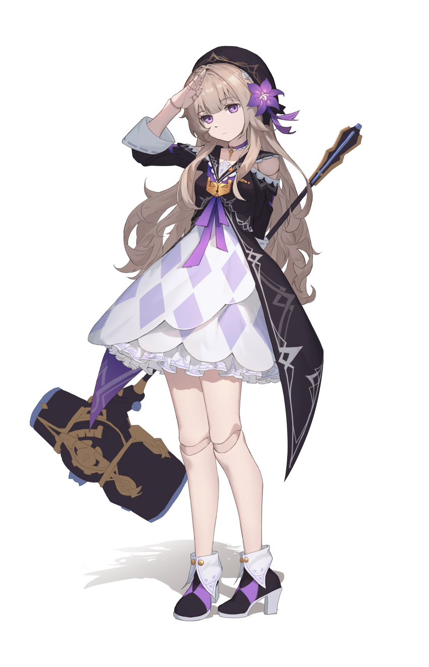 1girl absurdres beret black_dress black_headwear boots brown_hair choker closed_mouth clothing_cutout doll_joints dress flower full_body hammer hat hat_flower herta_(honkai:_star_rail) high_heel_boots high_heels highres holding holding_hammer holding_weapon honkai:_star_rail honkai_(series) huge_weapon jewelry joints key_necklace legs lock long_hair looking_at_viewer neckerchief necklace purple_choker purple_flower purple_footwear purple_neckerchief salute shoulder_cutout sidelocks solo standing violet_eyes vsattce weapon