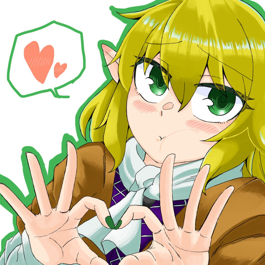 1girl :t arm_warmers blonde_hair blush brown_shirt closed_mouth commentary_request ear_blush fingernails green_eyes green_nails green_outline hair_between_eyes heart heart_hands looking_at_viewer medium_bangs mizuhashi_parsee outline pointy_ears puffy_cheeks rize_muri scarf shirt short_hair short_sleeves simple_background solo spoken_heart touhou upper_body white_background white_scarf