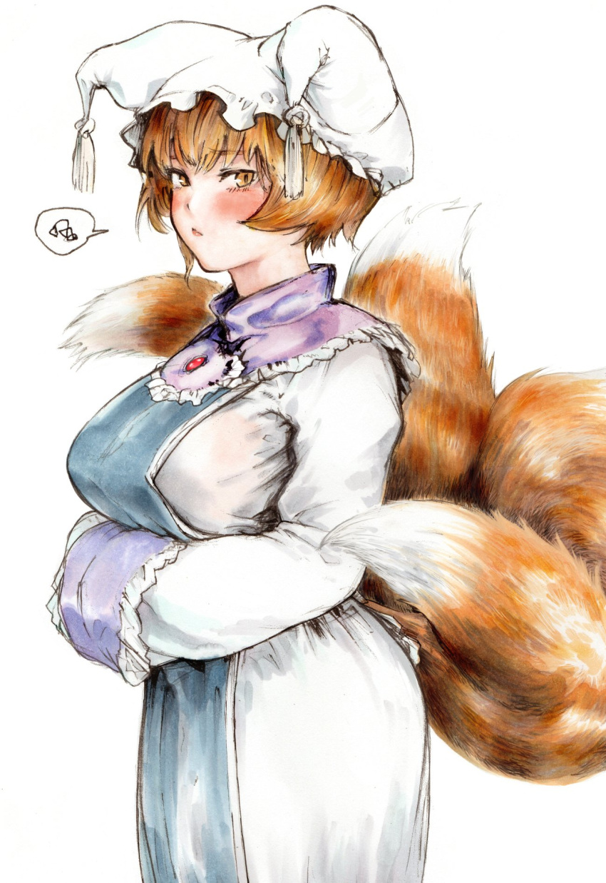1girl :/ akuroporisu animal_ears arms_under_breasts blue_tabard blush breasts closed_mouth cowboy_shot dress eyelashes fox_ears fox_tail frilled_shirt_collar frills hat highres large_breasts light_brown_hair long_sleeves looking_at_viewer looking_to_the_side mob_cap multiple_tails orange_eyes short_hair simple_background solo spoken_squiggle squiggle tabard tail tassel touhou white_background white_dress yakumo_ran