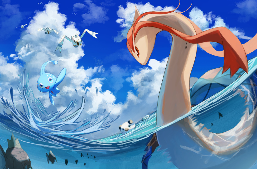 :d absurdres ame_akira bird clouds commentary_request day highres magikarp manaphy milotic no_humans ocean open_mouth oshawott outdoors partially_underwater_shot pokemon pokemon_(creature) sky smile tongue water wingull