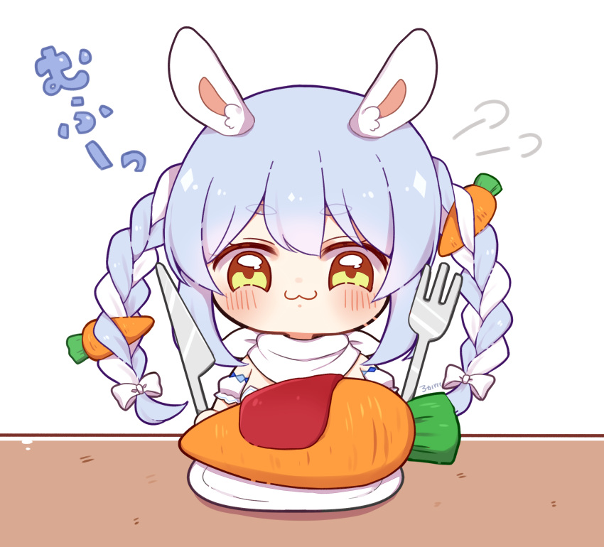 0725akaba 1girl :3 absurdres animal_ear_fluff animal_ears blue_hair blush braid brown_eyes carrot chibi closed_mouth commentary_request detached_sleeves fork hair_between_eyes highres hololive knife multicolored_hair plate puffy_short_sleeves puffy_sleeves rabbit_ears short_eyebrows short_sleeves simple_background smile solo thick_eyebrows translation_request twin_braids twintails two-tone_hair upper_body usada_pekora virtual_youtuber white_background white_hair white_sleeves