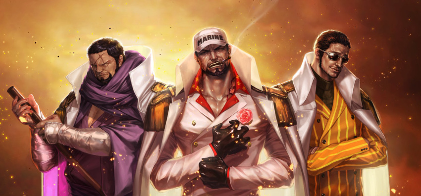 3boys baseball_cap beard black_gloves black_hair black_handwear blind borsalino_(kizaru) brown_hair cigar clenched_hand coat coat_on_shoulders crossed_arms english_text epaulettes facial_hair floral_print formal gloves goatee hat highres holding holding_sword holding_weapon issho_(fujitora) japanese_clothes katana looking_at_viewer male_focus multiple_boys one_piece open_mouth realistic sakazuki_(akainu) scar scar_on_face short_hair smile sparky5093 suit sunglasses sword teeth traditional_clothes uniform weapon