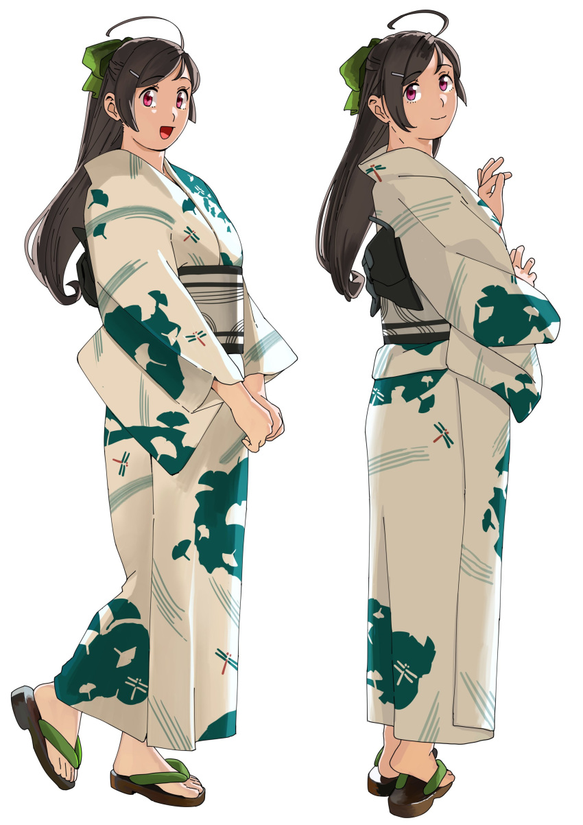 1girl absurdres ahoge alternate_costume brown_hair commentary_request floral_print full_body green_ribbon hair_ribbon highres japanese_clothes kantai_collection kimono long_hair looking_at_viewer mamiya_(kancolle) multiple_views ojipon red_eyes ribbon sandals simple_background smile white_background white_kimono yukata