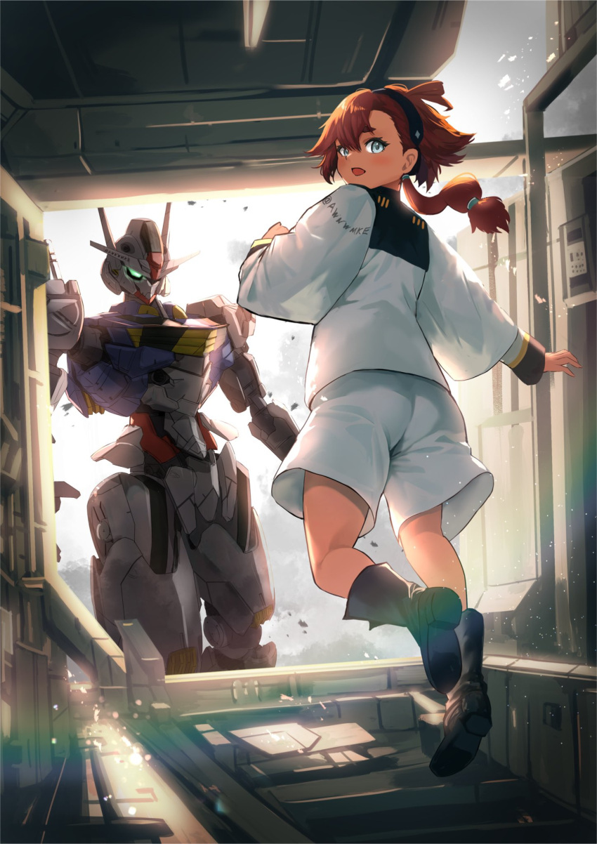 1girl :d artist_name asticassia_school_uniform awnw black_footwear black_hairband boots commentary floating glowing glowing_eyes grey_eyes gundam gundam_aerial gundam_suisei_no_majo hair_between_eyes hairband highres jacket long_hair long_sleeves looking_at_viewer looking_back low_ponytail mecha mobile_suit open_mouth redhead robot school_uniform science_fiction shorts smile solo space suletta_mercury thick_eyebrows v-fin white_jacket white_shorts zero_gravity
