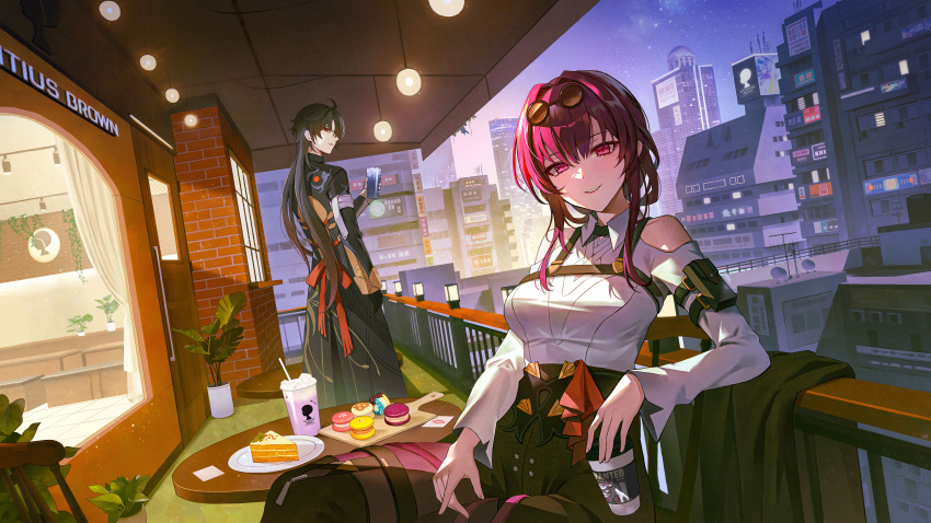 1boy 1girl absurdres against_railing arm_pouch bandaged_hand bandages bare_shoulders black_coat black_hair black_jacket black_shorts blade_(honkai:_star_rail) boots breasts cake cake_slice chest_harness chinese_clothes city cityscape clothing_cutout coat collared_shirt drink eyewear_on_head feet_out_of_frame food hair_between_eyes harness high-waist_shorts highres holding holding_drink honkai:_star_rail honkai_(series) ikkia jacket kafka_(honkai:_star_rail) long_hair long_sleeves looking_at_viewer macaron medium_breasts medium_hair milkshake night night_sky outdoors pantyhose pantyhose_under_shorts parted_lips purple_hair purple_pantyhose railing round_eyewear shirt shorts shoulder_cutout sidelocks single_thigh_boot sitting sky standing star_(sky) sunglasses table thigh_boots violet_eyes white_shirt