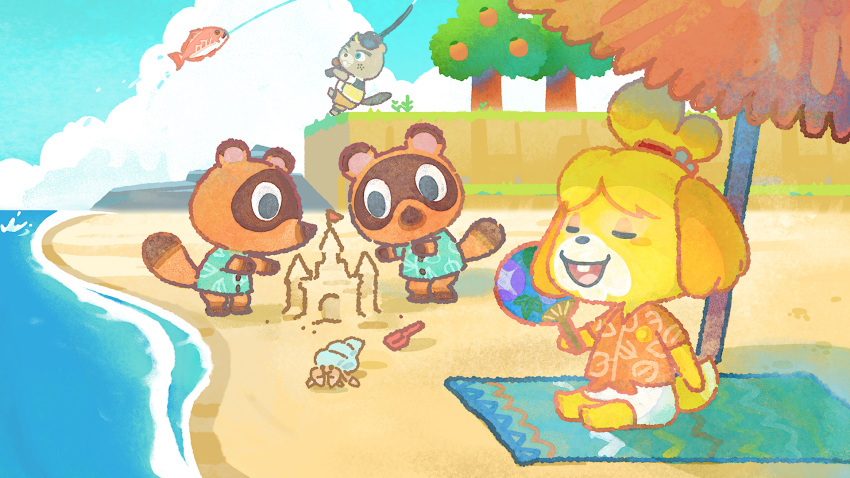 1girl 3boys animal_crossing animal_ears artist_request beach_towel beaver beaver_ears beaver_tail blonde_hair blue_eyes blue_sky buck_teeth buttons c.j._(animal_crossing) closed_eyes clouds dog dog_ears dog_tail fish fishing fishing_line fishing_rod flag food freckles fruit fruit_tree furry furry_female furry_male furry_with_furry grass green_shirt hand_fan hermit_crab highres holding holding_fishing_rod isabelle_(animal_crossing) leaf multiple_boys nintendo no_mouth no_pants no_shoes ocean official_art one_eye_closed open_mouth orange_(fruit) orange_shirt orange_shorts orange_tree outdoors raccoon_ears raccoon_tail relaxing rock sand sand_castle sand_sculpture shirt short_sleeves shorts siblings skirt sky squatting tail tanuki teeth timmy_(animal_crossing) tommy_(animal_crossing) towel tree twins umbrella under_umbrella upper_teeth_only white_skirt