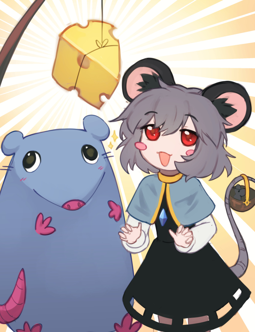 1girl absurdres animal_ears black_dress blush_stickers brick_(pizza_tower) capelet cheese commentary cowboy_shot crystal dress english_commentary food grey_capelet grey_hair hands_up highres jewelry long_sleeves looking_at_food mouse mouse_ears mouse_girl mouse_tail nazrin open_mouth parasoru_buruu pendant pizza_tower red_eyes short_hair simple_background smile solo sparkle standing stick sunburst sunburst_background tail touhou