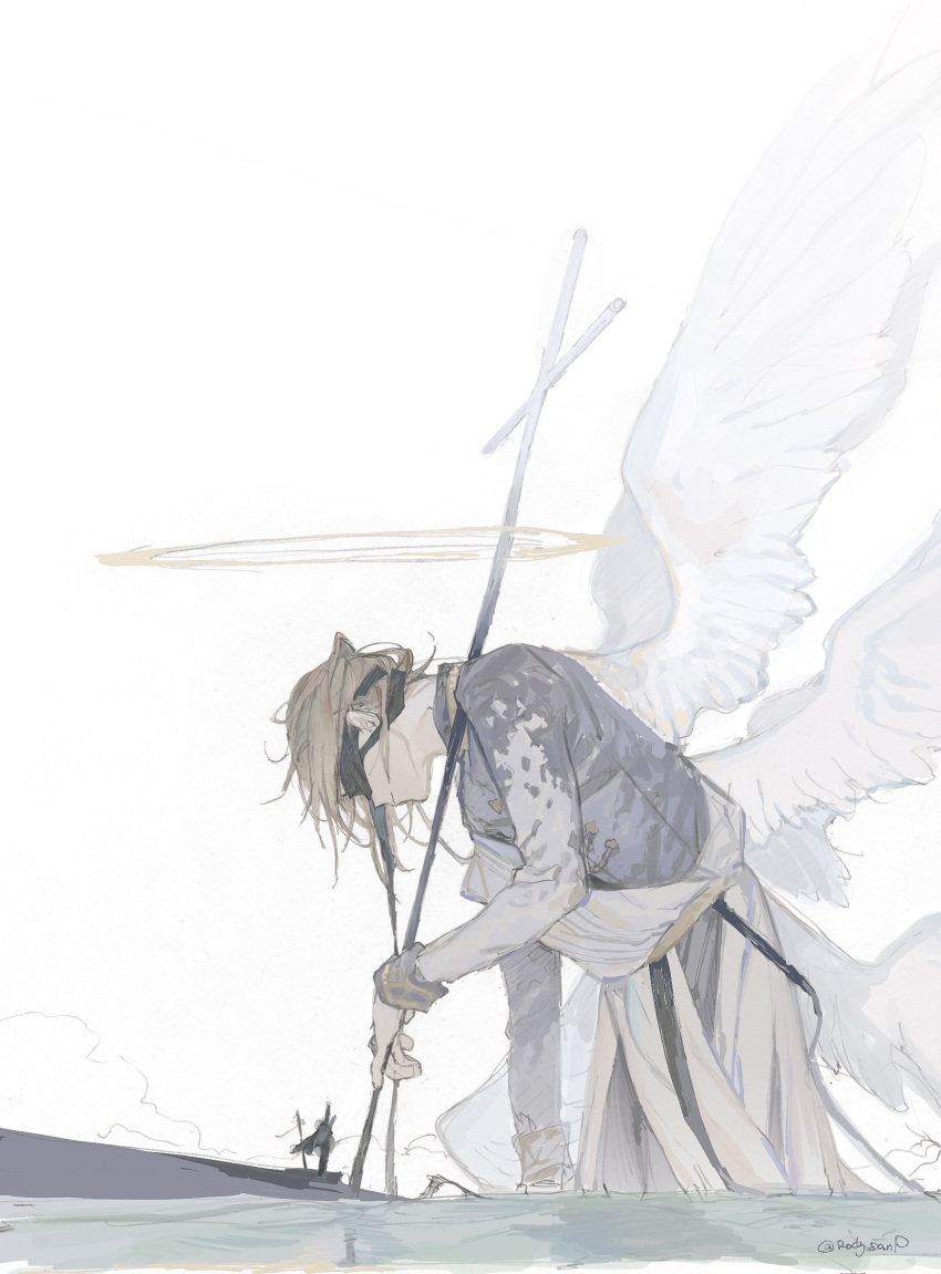 1boy angel_wings artist_name black_blindfold blindfold blonde_hair closed_mouth cross facing_down feathered_wings full_body giant giant_male halo highres holding holding_cross kanae_(nijisanji) long_sleeves male_focus multiple_wings natsu_(rodysanp) nijisanji outdoors pale_color seraph simple_background solo standing twitter_username virtual_youtuber wading water white_background white_wings wings