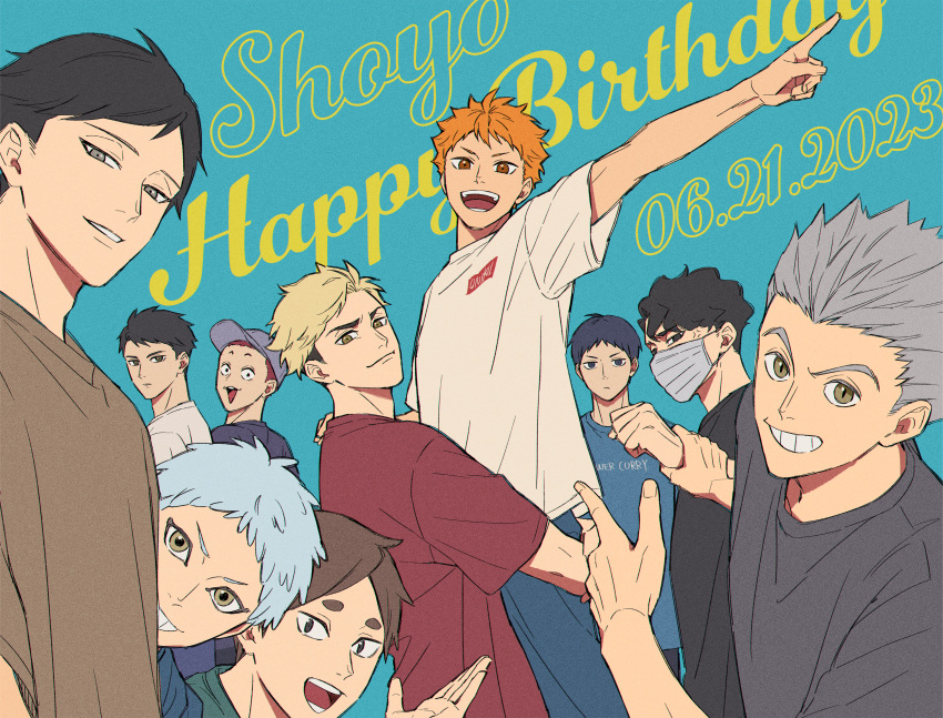 6+boys :d akairo_(chooop) anger_vein arm_up baseball_cap black_eyes black_hair black_shirt blonde_hair blue_background blue_hair blue_headwear blue_shirt bokuto_koutarou brown_eyes brown_hair brown_shirt character_name character_request closed_mouth clothes_writing commentary_request dark_blue_hair dated expressionless green_shirt grey_eyes grey_hair grey_shirt grin haikyuu!! hand_up hands_up happy_birthday hat highres hinata_shouyou holding_another's_wrist index_finger_raised jitome looking_at_viewer looking_to_the_side male_focus mask miya_atsumu mouth_mask multiple_boys oikawa_tooru_(haikyuu!!) open_mouth orange_eyes orange_hair parted_bangs parted_lips red_shirt redhead sakusa_kiyoomi shirt short_eyebrows short_hair short_sleeves simple_background smile spiky_hair swept_bangs t-shirt teeth tendou_satori thick_eyebrows tongue undercut upper_teeth_only ushijima_wakatoshi v-shaped_eyebrows white_mask white_shirt wide-eyed