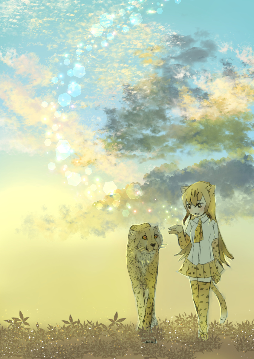 1girl animal animal_ears animal_print arm_at_side black_hair blonde_hair cheetah cheetah_(kemono_friends) cheetah_ears cheetah_girl cheetah_print cheetah_tail collared_shirt colored_inner_hair creature_and_personification day elbow_gloves ena_jura full_body gloves hair_between_eyes hand_up highres kemono_friends long_hair looking_at_another miniskirt multicolored_hair necktie outdoors parted_bangs pleated_skirt print_gloves print_necktie print_skirt print_thighhighs scenery shirt shoes short_sleeves side-by-side skirt sky tail thigh-highs very_long_hair walking white_shirt wing_collar yellow_eyes zettai_ryouiki