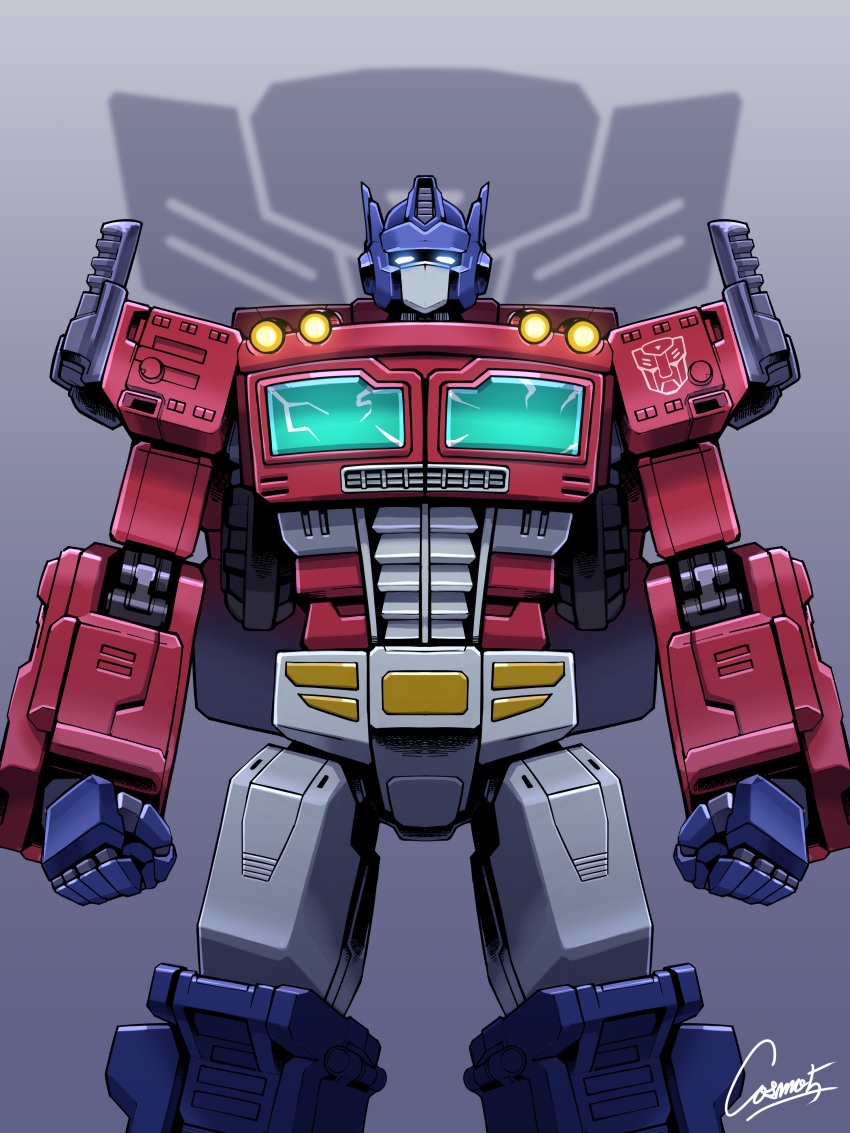 absurdres arms_at_sides autobot blue_eyes clenched_hands cosmo-5 feet_out_of_frame glowing glowing_eyes highres insignia looking_at_viewer mecha no_humans optimus_prime robot science_fiction signature solo standing straight-on transformers transformers:_war_for_cybertron_trilogy