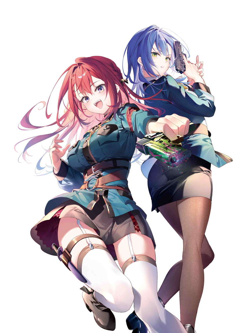 2girls absurdres ahoge belt black_bow black_skirt blue_hair boots bow braid breast_pocket breasts brown_belt brown_pantyhose cover cover_image floating_clothes floating_hair garter_straps green_eyes green_shirt gun hair_bow hand_up highres holding holding_gun holding_weapon knife leg_up long_hair long_sleeves looking_at_viewer medium_breasts miniskirt multiple_girls novel_illustration official_art open_mouth pantyhose pocket redhead riichu shinohara_kaguya shirt sidelocks simple_background skirt smile standing standing_on_one_leg takanashi_haru teeth textless_version thigh-highs thigh_strap upper_teeth_only violet_eyes weapon white_background white_garter_straps white_thighhighs yuusha_shoukougun