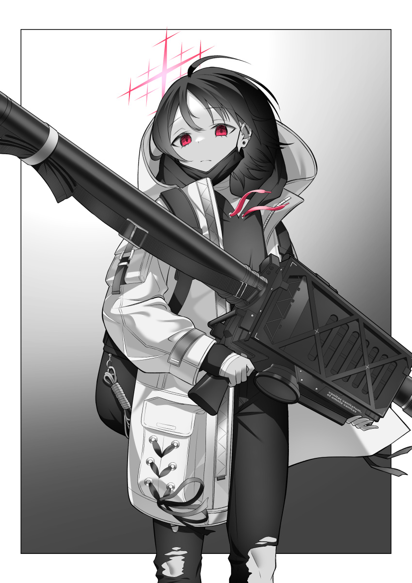 1girl absurdres backpack bag bandaged_neck bandages blue_archive border closed_mouth coat cross cross-laced_bag cross_crosslet drawstring earrings expressionless feet_out_of_frame fim-92_stinger frown gradient_background greek_cross greyscale halo highres holding holding_rocket_launcher holding_weapon hood hood_down hooded_coat hoodie jewelry kuryuu_chiaki lanyard latin_text long_sleeves looking_at_viewer mask mask_pull misaki_(blue_archive) monochrome mouth_mask open_clothes open_coat outside_border pants pocket rocket_launcher short_hair sling solo spot_color stud_earrings torn_clothes torn_pants weapon white_border