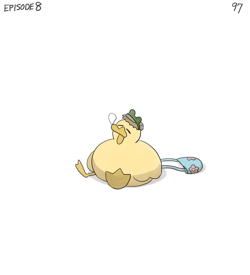 bag bird bottle_cap diva_(hyxpk) duck duckling frog_headband highres no_humans nose_bubble numbered original simple_background sleeping white_background