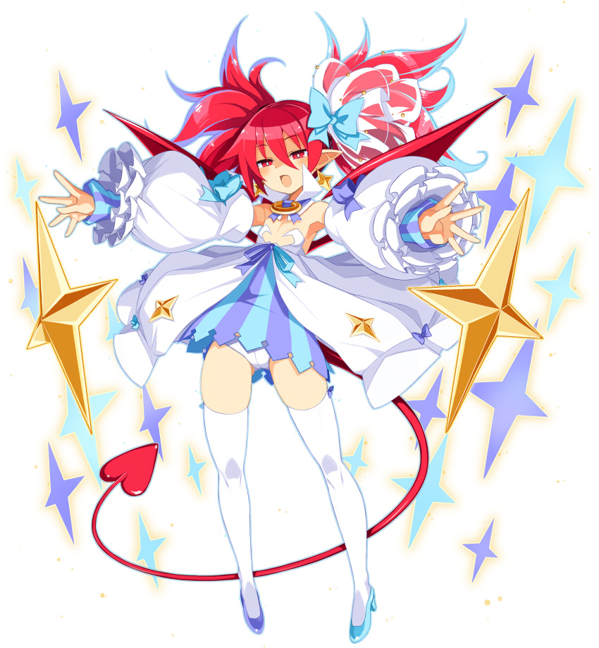 1girl asymmetrical_footwear blue_footwear bow demon_girl demon_tail demon_wings detached_collar detached_sleeves disgaea disgaea_rpg etna_(disgaea) flat_chest full_body hair_between_eyes hair_bow highres long_hair long_tail mismatched_footwear non-web_source official_art open_mouth outstretched_arms panties photoshop_(medium) pointy_ears red_eyes red_tail red_wings redhead saint_etna simple_background solo tail thigh-highs transparent_background underwear white_panties white_thighhighs wings