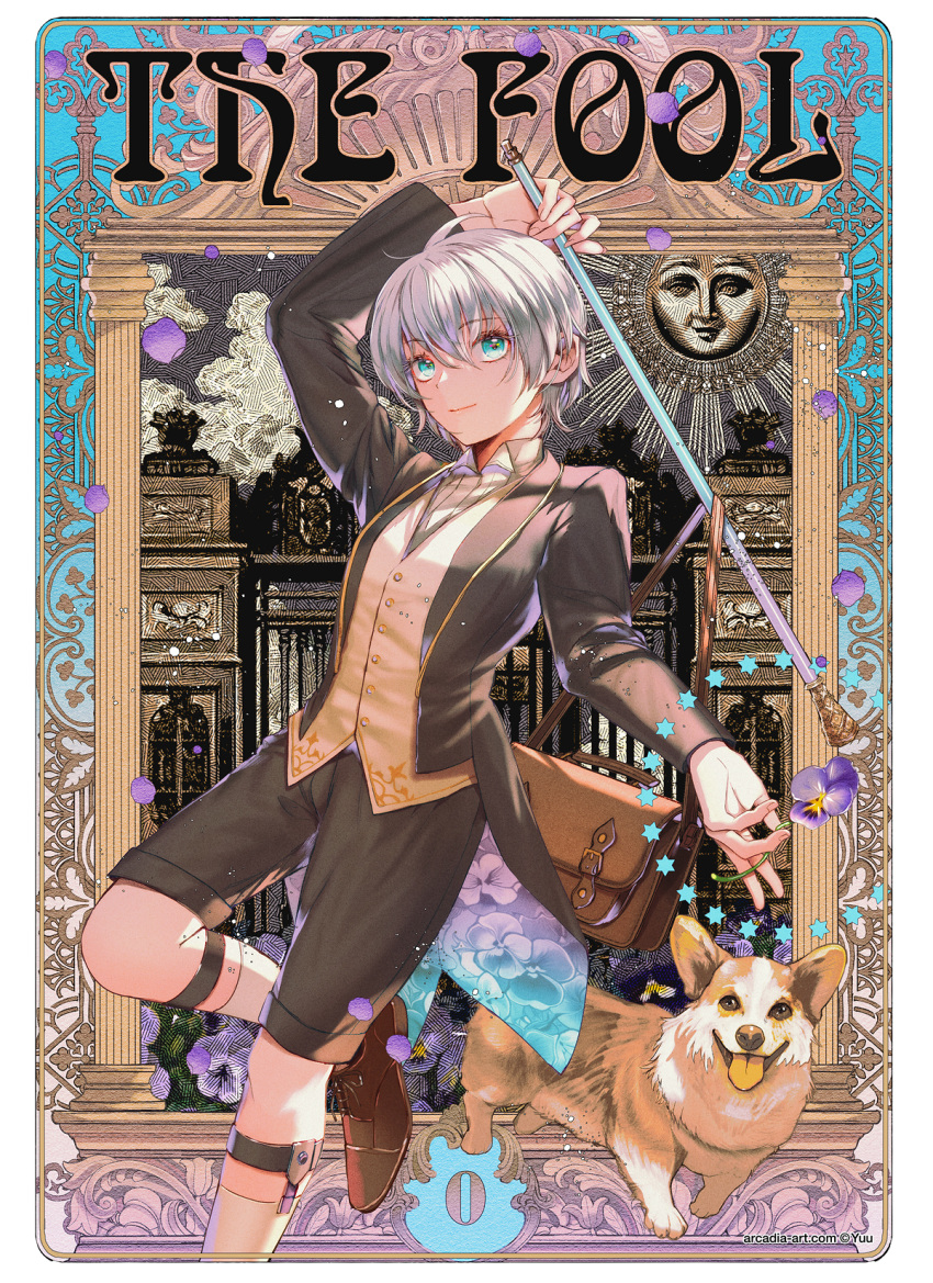 1boy animal arm_up bag black_jacket black_shorts blue_eyes brown_footwear brown_vest closed_mouth collared_shirt commentary_request commission dog dress_shirt feet_out_of_frame grey_hair hair_between_eyes highres holding jacket male_focus open_clothes open_jacket original petals pixiv_commission shirt shoes shorts smile socks solo tarot the_fool_(tarot) vest white_shirt white_socks yuu_(arcadia)