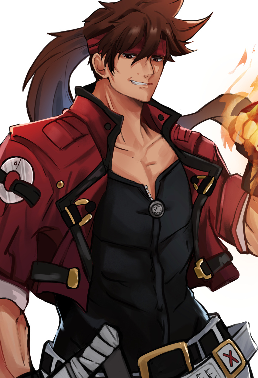 abs absurdres drawing fire guilty_gear guilty_gear_strive highres jacket mature_male muscular ponytail shadowcero sol_badguy