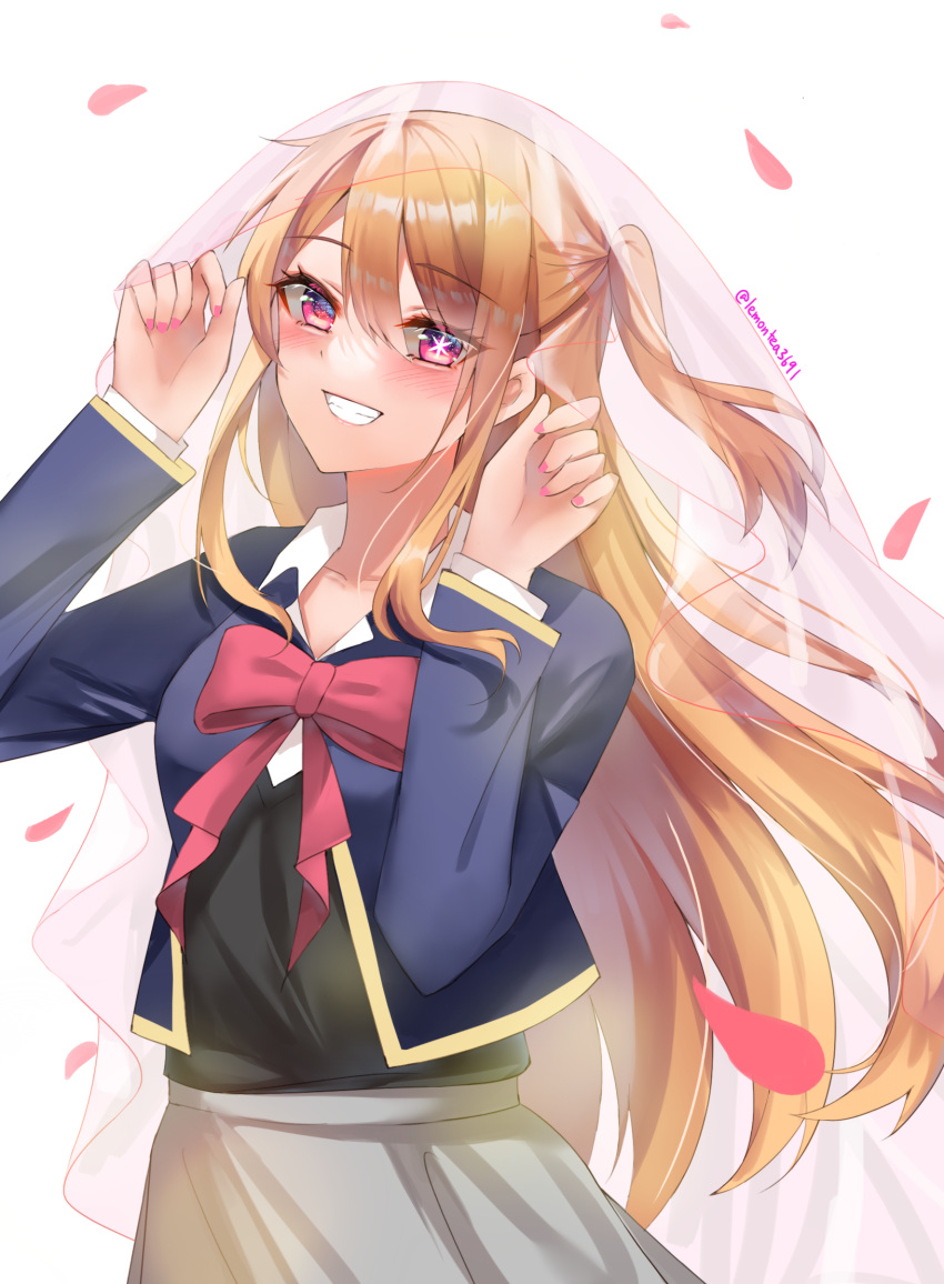 1girl black_sweater_vest blonde_hair blue_jacket blush bow bowtie bridal_veil clenched_teeth collarbone collared_shirt commentary_request cow cropped_jacket falling_petals grey_skirt hair_between_eyes highres hoshino_ruby jacket lemon_t long_hair looking_at_viewer mismatched_pupils multicolored_eyes nail_polish no_pupils one_side_up oshi_no_ko petals pink_bow pink_bowtie pink_eyes pink_nails school_uniform shirt sidelocks simple_background skirt smile solo star-shaped_pupils star_(symbol) sweater_vest symbol-shaped_pupils teeth twitter_username veil very_long_hair violet_eyes white_background white_shirt youtou_high_school_uniform
