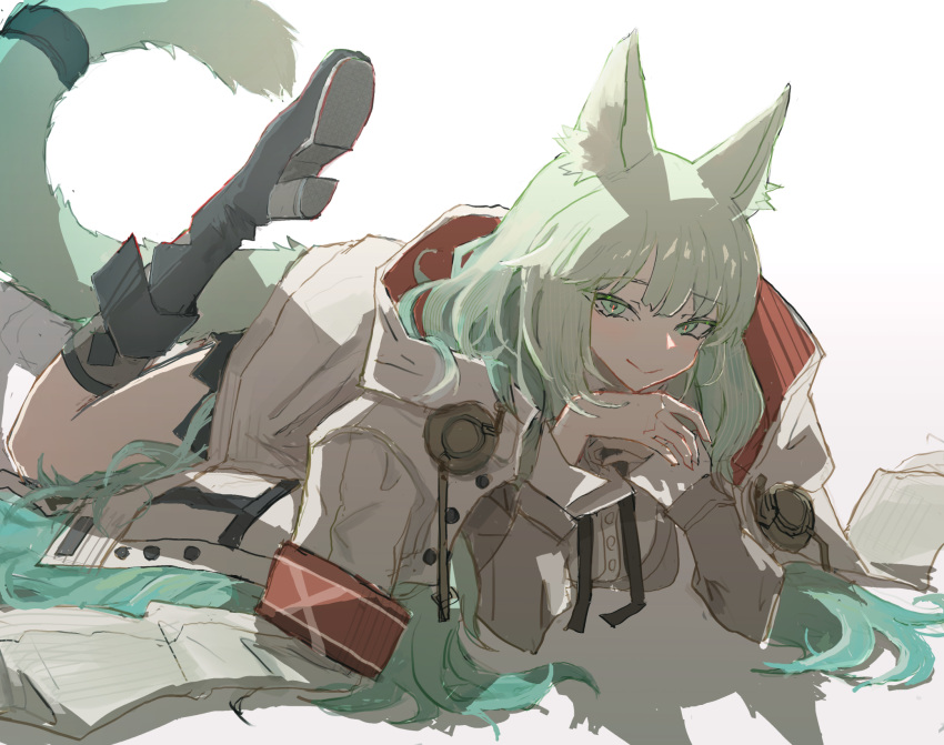 1girl animal_ears arknights black_footwear black_ribbon boots cat_ears cat_girl cat_tail foot_up green_eyes green_hair grey_sweater_vest harmonie_(arknights) highres jacket jacket_on_shoulders long_hair looking_at_viewer lying neck_ribbon on_stomach ribbon roncele shirt simple_background smile solo sweater_vest tail tail_ornament tail_ring white_background white_jacket white_shirt