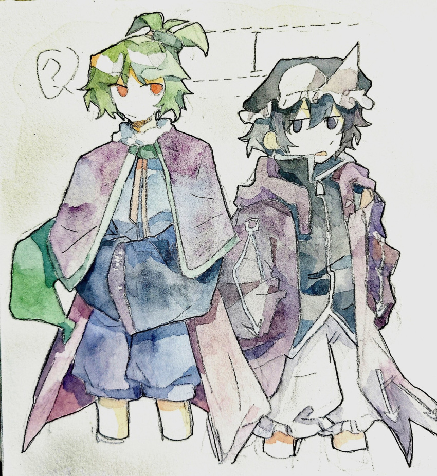 2others ? aaayamitsu adagumo_no_saragimaru androgynous arrow_print black_headwear black_shirt black_sleeves blue_kimono blue_pants capelet chinese_commentary closed_mouth collar collared_capelet collared_shirt commentary_request detached_sleeves frilled_hat frilled_pants frills green_hair green_trim hair_ornament hands_in_pockets hat height_difference highres hood hood_down hooded_jacket jacket japanese_clothes kimono len'en long_sleeves mob_cap multiple_others necktie open_mouth own_hands_together painting_(medium) pants puffy_pants purple_capelet purple_hair purple_jacket purple_trim red_eyes red_necktie shirt shitodo_kuroji short_hair short_ponytail shorts sleeveless sleeveless_shirt snake_hair_ornament snake_tail speech_bubble spoken_question_mark tail traditional_media triangle_mouth triangular_headpiece violet_eyes watercolor_(medium) white_collar white_shorts white_trim wide_sleeves zipper