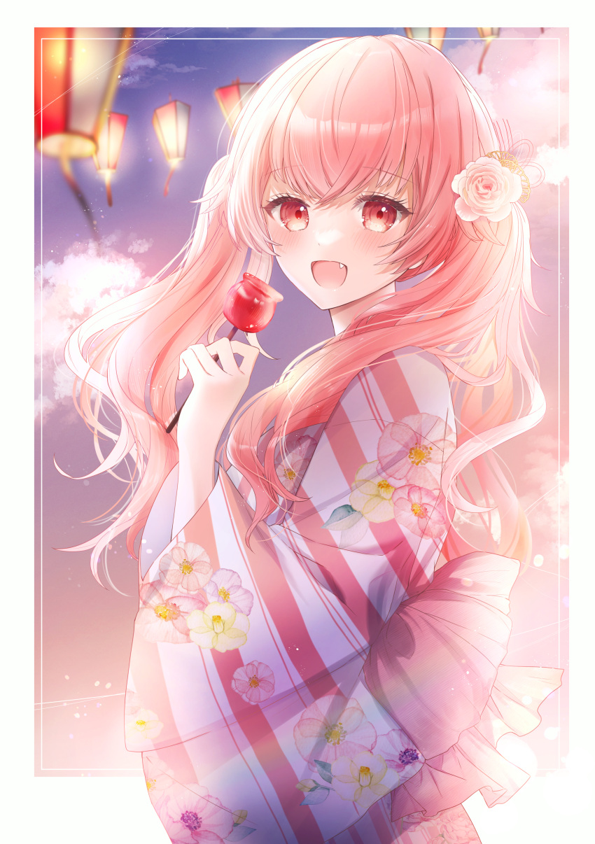 1girl :d absurdres blush border candy_apple clouds commentary_request eyelashes fang floral_print flower food from_side hair_flower hair_ornament hand_up highres holding holding_food japanese_clothes kimono lantern long_hair looking_at_viewer mairu003 momoi_airi obi open_mouth paper_lantern pink_hair project_sekai red_eyes sash smile solo striped striped_kimono twintails white_border wide_sleeves yukata
