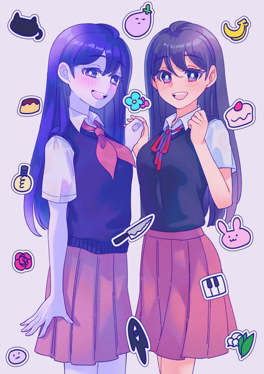 2girls black_eyes black_hair black_sweater blush bright_pupils collared_shirt colored_skin dual_persona highres looking_at_viewer mari_(omori) maromichan multiple_girls omori open_mouth pleated_skirt purple_hair red_skirt shirt short_sleeves skirt smile sweater teeth upper_teeth_only violet_eyes white_pupils white_shirt white_skin