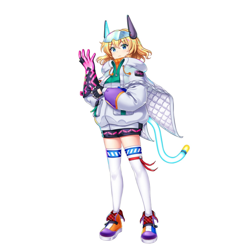 1girl adjusting_clothes adjusting_gloves alice_margatroid alice_margatroid_(skilled_droid_engineer) alternate_costume aqua_eyes black_gloves blonde_hair closed_mouth drawstring full_body fuse_tail game_cg gloves goggles goggles_on_head highres hood hoodie long_sleeves looking_at_viewer multicolored_footwear pink_gloves puffy_sleeves rotte_(1109) short_hair simple_background solo thigh-highs third-party_source touhou touhou_lost_word two-tone_gloves white_background white_hoodie white_thighhighs