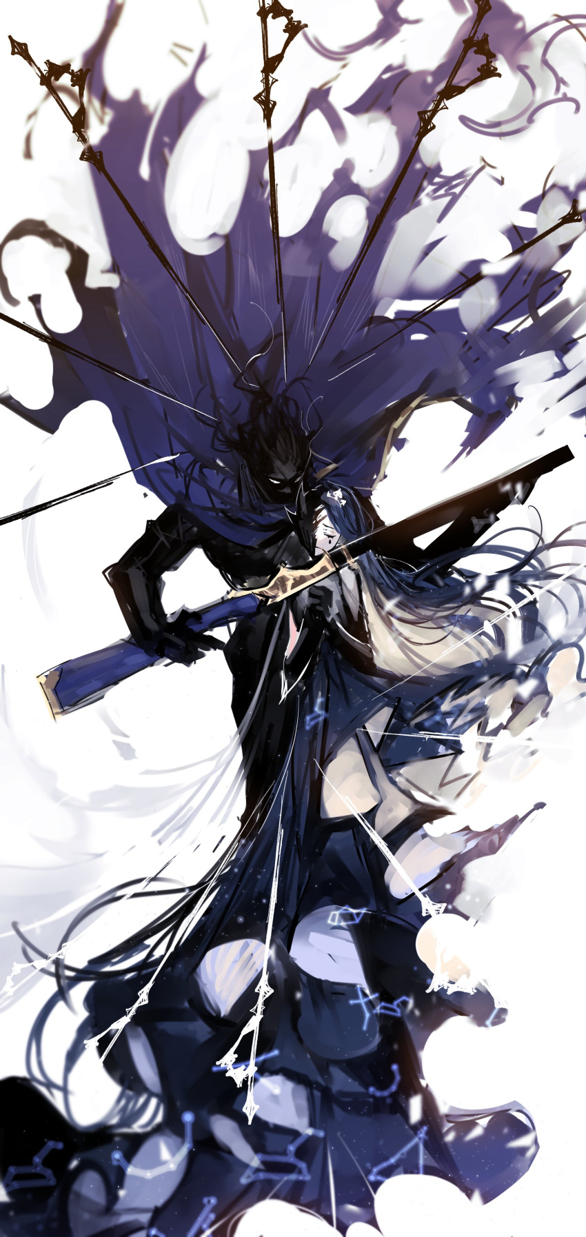 1boy 1girl absurdres bad_id bad_twitter_id blue_cape blue_dress blue_hair cape closed_eyes closed_mouth colored_inner_hair constellation_print der_freischutz_(lobotomy_corporation) dress frown full_body gun highres holding holding_gun holding_weapon knight_of_despair lobotomy_corporation long_hair multicolored_hair own_hands_together project_moon remsrar rifle simple_background sword teardrop_facial_mark very_long_hair weapon white_background white_hair