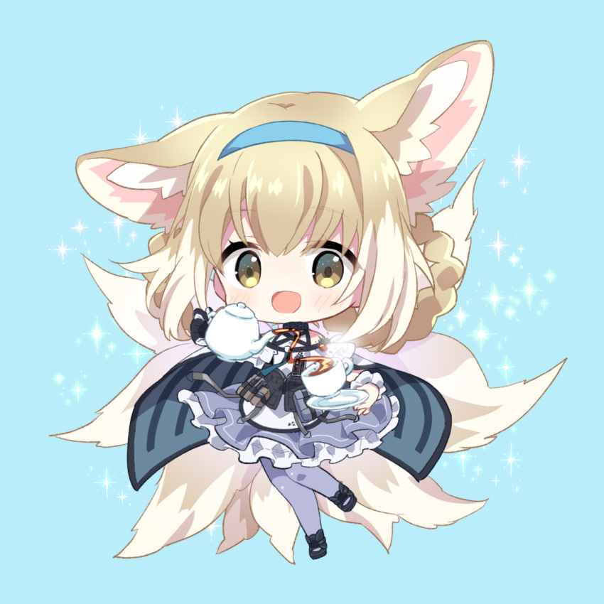 1girl :d animal_ear_fluff animal_ears arknights bare_shoulders black_footwear blonde_hair blue_background blue_hairband blush braid braided_hair_rings chibi clothing_cutout collar commentary_request cup dress fox_ears fox_girl fox_tail frilled_dress frills full_body hair_rings hairband highres holding holding_plate infection_monitor_(arknights) kitsune kyuubi looking_at_viewer multiple_tails open_mouth oripathy_lesion_(arknights) pantyhose plate pouring purple_dress purple_pantyhose shoes short_hair shoulder_cutout simple_background smile solo sparkle suzuran_(arknights) tail takamura_masaya teacup teapot yellow_eyes
