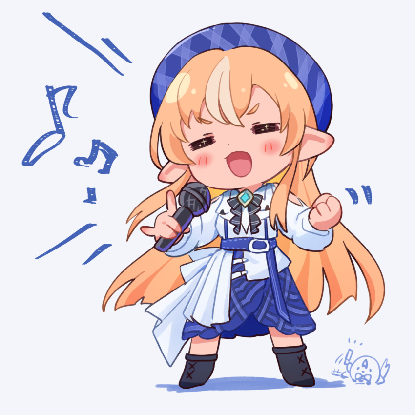 1girl beret black_footwear blonde_hair blue_headwear blue_skirt blush boots chibi clenched_hand grey_background hat highres holding holding_microphone hololive long_hair microphone multicolored_hair music musical_note open_mouth orange_hair plaid plaid_headwear pointy_ears sasaki_(glass1138) shiranui_flare simple_background singing skirt solo standing streaked_hair virtual_youtuber