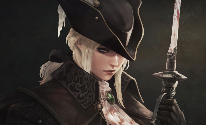 1girl absurdres ascot blonde_hair blood blood_on_clothes blood_on_weapon bloodborne blue_eyes brooch coat dark_background gem hair_ribbon hat hat_feather highres holding holding_sword holding_weapon jewelry lady_maria_of_the_astral_clocktower lips looking_at_viewer monori_rogue ponytail rakuyo_(bloodborne) ribbon shaded_face solo sword tricorne upper_body weapon white_ascot