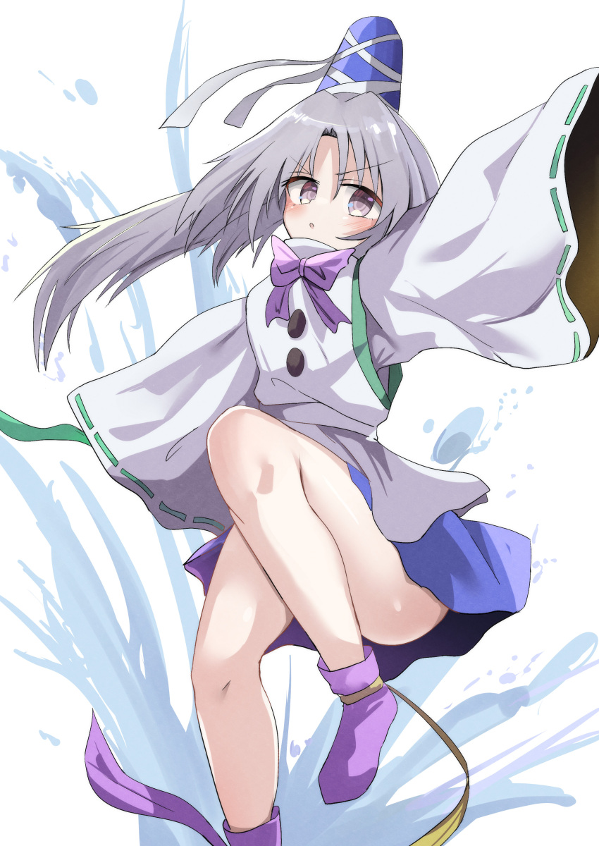 1girl :o absurdres bare_legs blue_skirt blush bow bowtie buttons commentary_request convenient_leg daru_(kumakumadon) flat_chest floating_hair foot_out_of_frame full_body grey_eyes grey_hair grey_ribbon hair_between_eyes hat highres japanese_clothes kariginu leg_up light_blush long_hair long_sleeves looking_to_the_side mononobe_no_futo open_mouth outstretched_arms parted_bangs ponytail purple_bow purple_bowtie purple_ribbon purple_socks ribbon ribbon-trimmed_sleeves ribbon_trim shirt simple_background skirt sleeves_past_fingers sleeves_past_wrists socks solo splashing spread_arms standing standing_on_one_leg tate_eboshi thighs touhou turtleneck v-shaped_eyebrows white_background white_shirt wide_sleeves yellow_ribbon