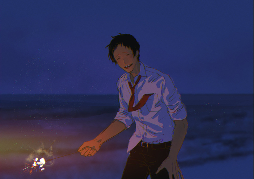 1boy adachi_tooru belt black_belt black_pants breast_pocket collared_shirt firecrackers glowing highres holding_fireworks light_particles male_focus morrisuit necktie night open_mouth pants persona persona_4 pocket red_necktie shirt short_hair sleeves_rolled_up teeth white_shirt