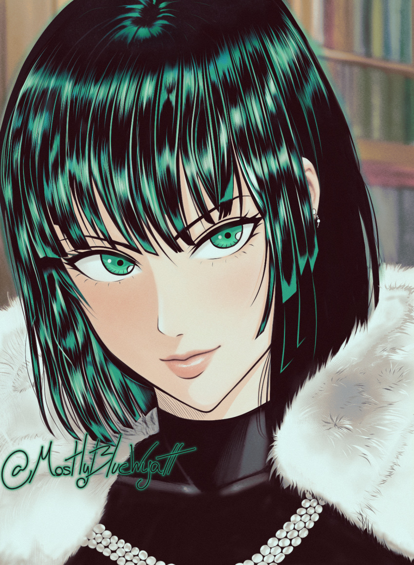 1girl black_hair dress earrings fubuki_(one-punch_man) fur_collar green_eyes green_hair highres jewelry light_smile lips looking_at_viewer mostlybluewyatt necklace one-punch_man short_hair solo twitter_username