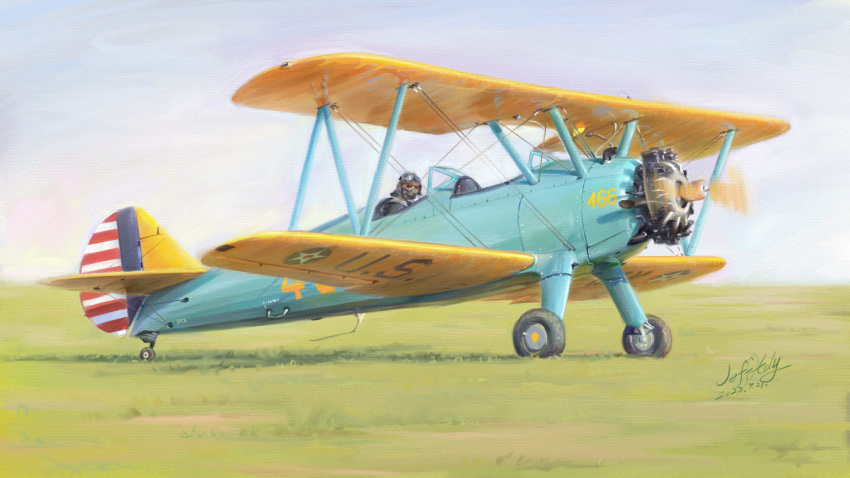1boy absurdres aircraft airplane biplane day goggles highres jeffholy male_focus military_vehicle original outdoors pilot pilot_helmet propeller signature solo vehicle_focus