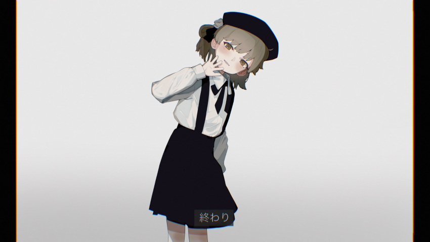 1girl beret black_headwear black_ribbon black_skirt blush brown_eyes brown_hair chromatic_aberration collared_shirt commentary_request feet_out_of_frame flower hair_flower hair_ornament hair_ribbon half-closed_eyes hand_up hat hatoba_tsugu highres leaning_to_the_side letterboxed light_smile long_sleeves looking_at_viewer medium_hair mole mole_under_eye neck_ribbon open_mouth ribbon rose shirt shirt_tucked_in single_hair_ring skirt solo standing subtitled suspender_skirt suspenders translation_request tsugu_(vtuber) virtual_youtuber waving white_background white_flower white_rose white_shirt zyuki