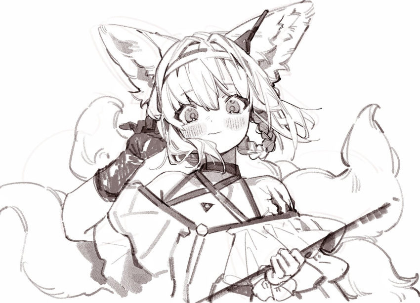 1girl :&gt; animal_ear_fluff animal_ears arknights blush braided_hair_rings closed_mouth cropped_torso dress earpiece floating_hair fox_ears fox_girl gloves greyscale hair_tucking hairband hand_up head_tilt holding holding_staff kitsune looking_at_viewer mafuin_da monochrome multiple_tails off_shoulder oripathy_lesion_(arknights) single_glove sleeveless sleeveless_dress solo staff straight-on suzuran_(arknights) tail