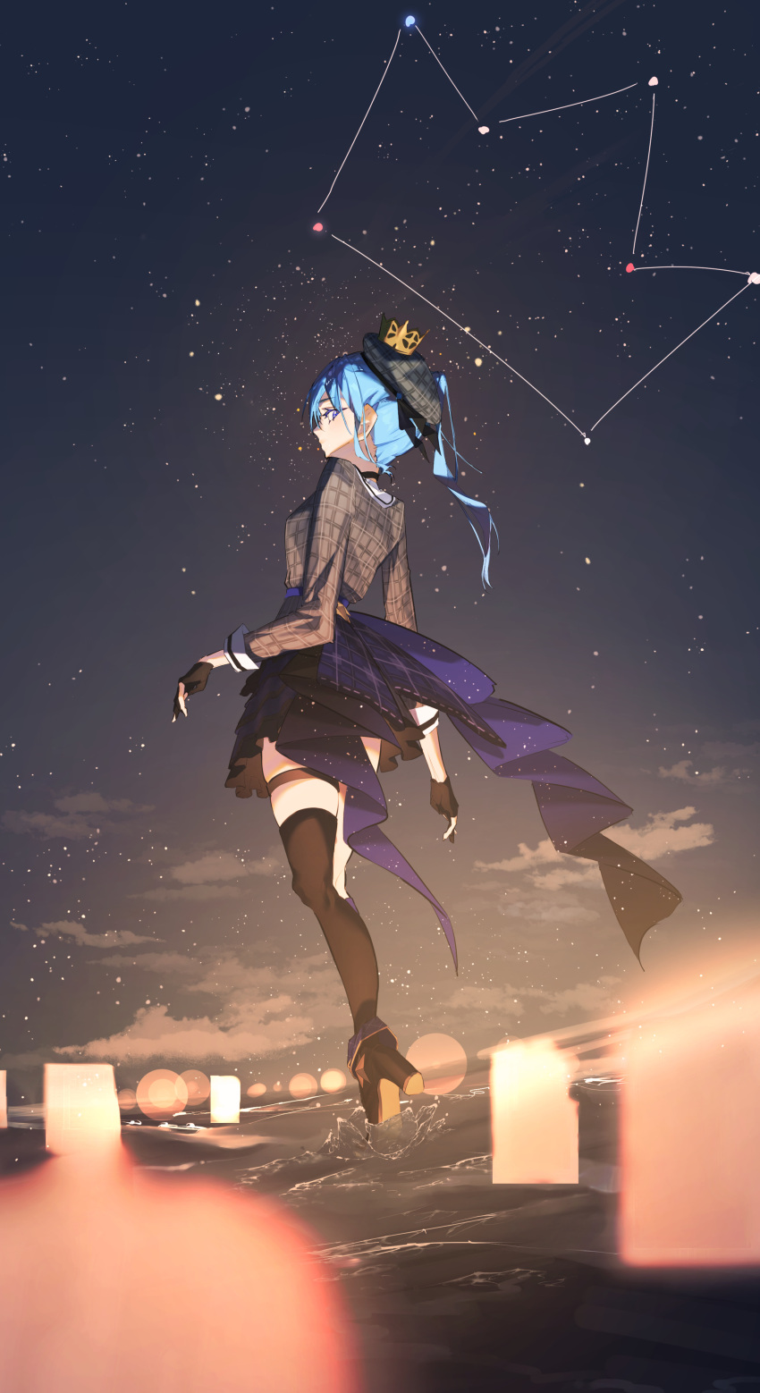 1girl absurdres asymmetrical_legwear beret black_choker black_gloves blue_eyes blue_hair blurry breasts choker clouds constellation crown depth_of_field floating frilled_skirt frills from_behind full_body gloves hat high_heels highres hololive hoshimachi_suisei hoshimachi_suisei_(1st_costume) long_sleeves looking_back mini_crown night night_sky nugget_illust ocean outdoors partially_fingerless_gloves plaid plaid_headwear plaid_shirt shirt side_ponytail single_thighhigh skirt sky small_breasts solo star_(sky) starry_sky thigh-highs thigh_strap virtual_youtuber water